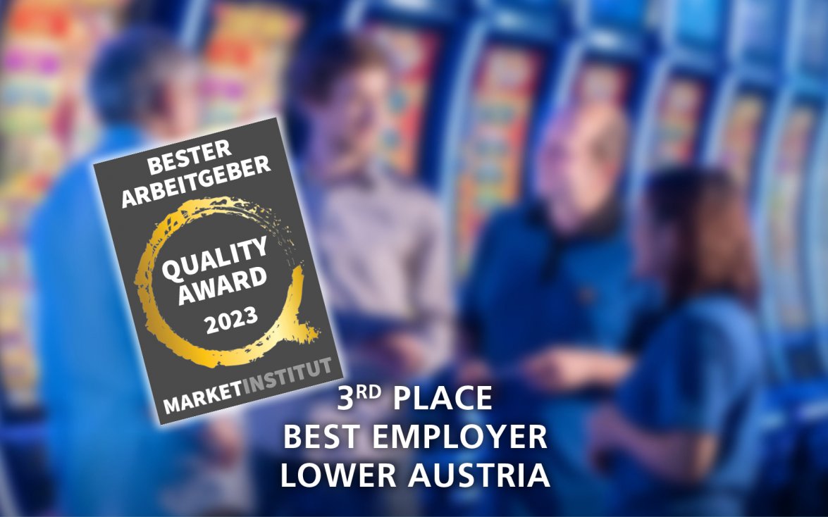 Three NOVOMATIC employees talking, slot machines in the background and a grey certificate in the center