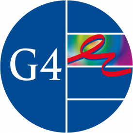 Round logo with white and red letters